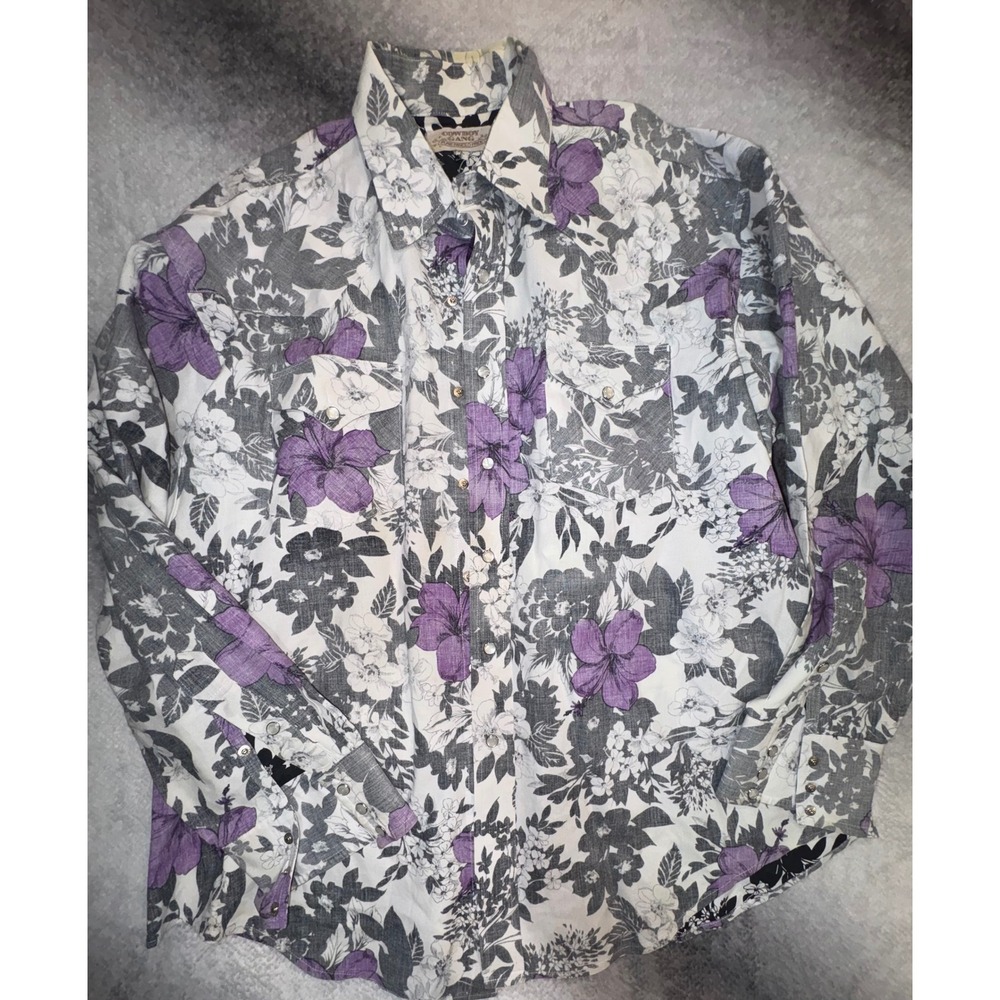 (B6) Cowboy Gang Womens XL Western Snap Shirt Purple Floral‎ Hibiscus Paniolo